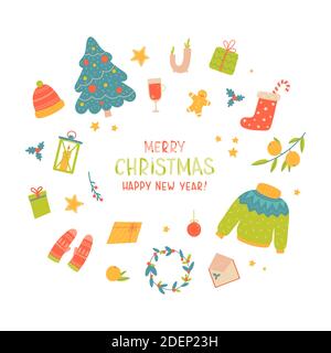 Hygge christmas.Winter holiday decor,gift,clothing Stock Vector