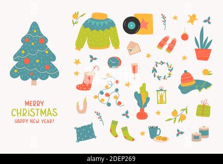 Hygge christmas set.Holiday decor,gift,clothing Stock Vector
