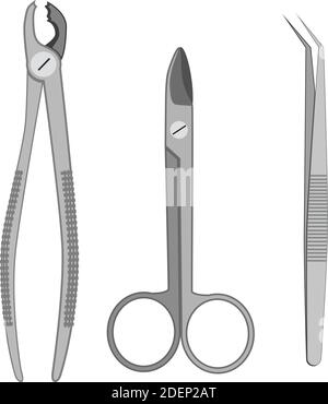 Vector set of stainless dental tools mirror, drill and forceps with ...