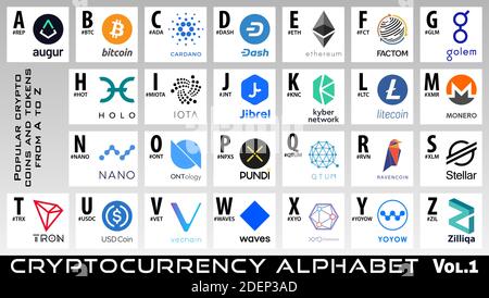 Cryptocurrency alphabet. Vol.1. Set of crypto coins and tokens logos from A to Z. Vector bitcoin and altcoins signs collection Stock Vector