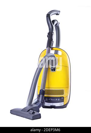 Yellow vacuum cleaner isolated on white background. Stock Photo