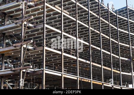Detail of multilevel modern office building under construction with visible steel frame, Silicon Valley, California Stock Photo