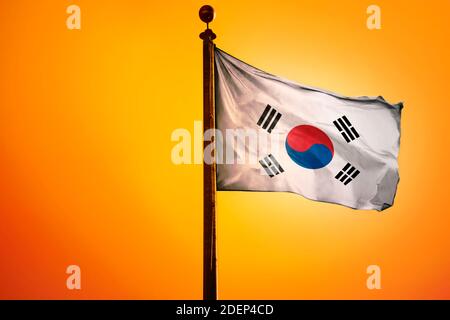 South Korea Flag, Flag waving with Sunrise Stock Photo