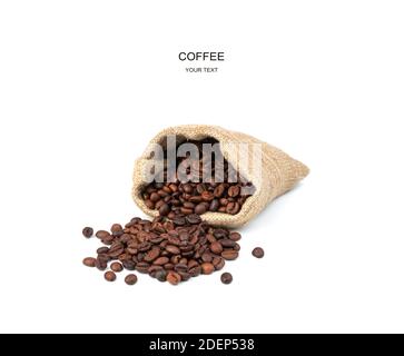 Coffee beans from a linen bag are spilled on the table on a white background. Stock Photo
