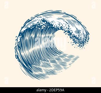 Sea wave sketch. Surfing concept vintage vector illustration Stock Vector