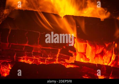Close-up view of burning woods. Fire flames. Stock Photo