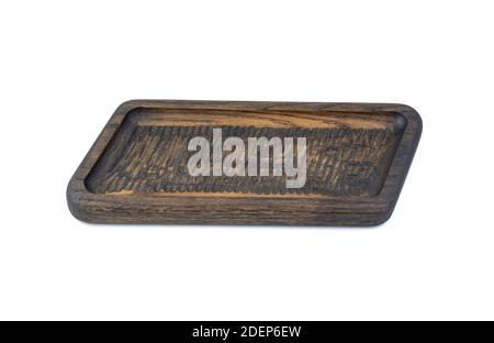 Handmade rectangular wooden dish on a white background. Stock Photo