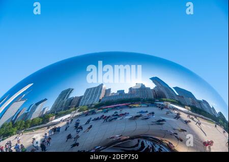 Chicago skyline reflections on the Cloud Gate or The Bean sculpture Stock Photo