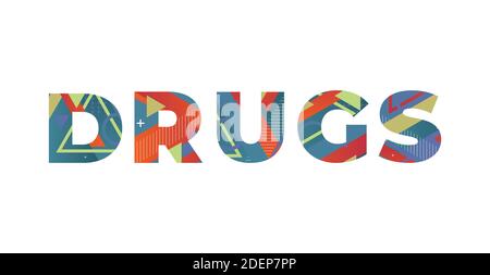 The word DRUGS concept written in colorful retro shapes and colors illustration. Stock Vector