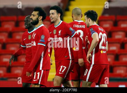 Liverpool's Curtis Jones (no.17) celebrates scoring his side's first goal of the game during the UEFA Champions League Group D match at Anfield, Liverpool. Stock Photo