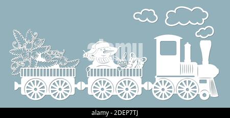 New year's train delivers gifts and a Christmas tree with a snowman. Laser cutting. Vector illustration. Template for laser cutting, scrapbooking Stock Vector