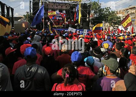 San Francisco, Venezuela. 01st Dec, 2020. Diosdado Cabello campaign rally on Tuesday, Dec. 01, 2020 in Maracaibo Venezuela. It has not sat well in public opinion, the new strategy is blackmail. In a closing ceremony of the Gran Polo Patriótico yesterday in the state of Zulia, Cabello said that 'those who do not vote, do not eat. For those who do not vote, there is no food.' (Photo by Humberto Matheus/Sipa USA) Credit: Sipa USA/Alamy Live News Stock Photo