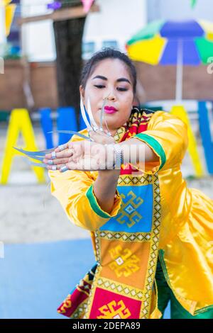 Tradtional pangalay, an indigenous Muslim Mindanao dance is performed at the Maranao Village at the Bangsamo Governement Center in Cotabato City Stock Photo