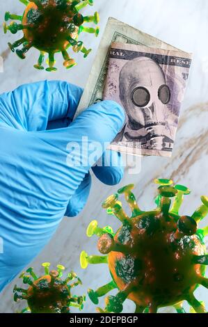 Abraham Lincoln wears gas-mask as protection against the deadly coronavirus metaphor for failing economy Stock Photo