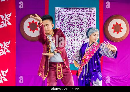 Tradtional pangalay, an indigenous Muslim Mindanao dance is performed at the Maranao Village at the Bangsamo Governement Center in Cotabato City Stock Photo