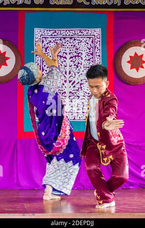 Tradtional pangalay, an indigenous Muslim Mindanao dance is performed at the Maranao Village at the Bangsamo Governement Center in Cotabato City Stock Photo