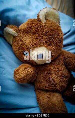 Worn old teddy bear with one blue eye Stock Photo Alamy