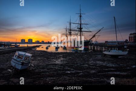 The preserved 19th Century warship HMS Warrior in Portsmouth Harbour, Hampshire, England, UK Stock Photo