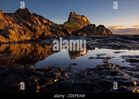 Lindisfarne Castle built by King Henry VIII to guard the Fleet anchorage in the Harbour of Holy Island. The Castle is built on a volcanic outcrop and Stock Photo