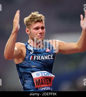 Kevin Mayer competes on Decathlon during the IAAF World Athletics Championships at Khalifa Stadium in Doha, Qatar, on October 3, 2019. Kevin Mayer, the defending champion in the men's decathlon, pulled out of the world championships on Thursday due to injury. Mayer, 27 was leading the competition after seven events. He withdrew just before the pole vault citing a problem with his achilles. Photo by Giuliano Bevilacqua/ABACAPRESS.COM Stock Photo