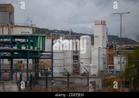 A week after a fire ravaged the Lubrizol plant in Rouen, smoke is still coming from the plant site. Uncertainties remain about the consequences of the combustion of chemicals and pollution. Following the fire on September 26th harvesting fruit and vegetables was banned in a hundred municipalities in Normandy and the Hauts-de-France. October 5, 2019. Photo by Ania Freindorf/ABACAPRESS.COM Stock Photo