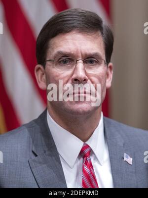 United States Secretary of Defense Dr. Mark T. Esper participates in a briefing with US President Donald J. Trump and senior military leaders in the Cabinet Room of the White House in Washington, DC, USA on Monday, October 7, 2019. Photo by Ron Sachs/CNP/ABACAPRESS.COM Stock Photo