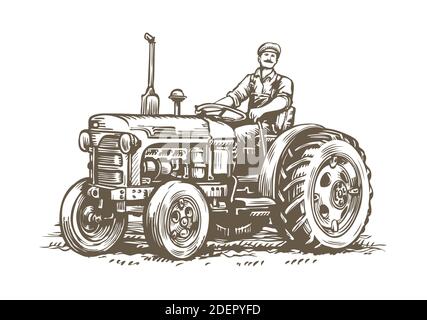 Farm tractor retro sketch. Agricultural machinery vintage vector illustration Stock Vector
