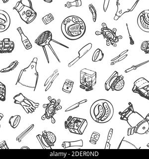 Summer Barbecue Garden Party. Seamless Vector Repeat Background. Brush Pen Design. Kitchen Tools. Food, Kitchen Wear, Summer Party. Vector EPS 10 Tile. Stock Vector