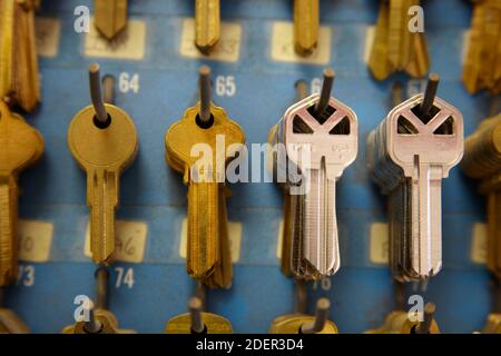 Keys hanging on board. Stock Photo