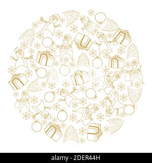 Christmas icons isolated on white background. Set of snowflake, gift, ball, santa claus, snowman, tree.Gold Christmas and New year icons circle.Vector Stock Vector