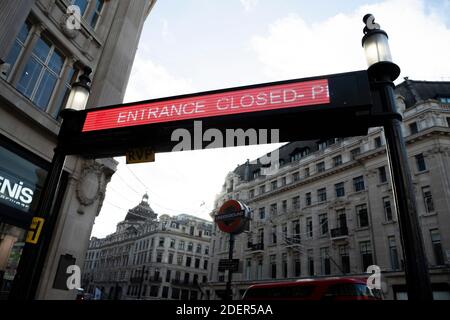 Oxford Circus Underground Tube Station, closed in the Covid-19 Coronavirus lockdown in London, with quiet empty roads at Oxford Street, the popular tourist destination high street in England, Europe Stock Photo