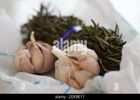 Garlic cloves with rosemary on paper towel close up Stock Photo