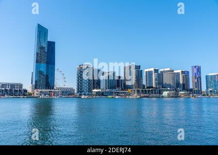 Highrise buildings at docklands neighborhood of Melbourne, Australia Stock Photo