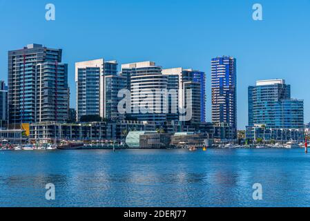 Highrise buildings at docklands neighborhood of Melbourne, Australia Stock Photo