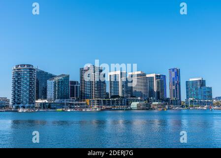 Highrise buildings at docklands neighborhood of Melbourne, Australia Stock Photo