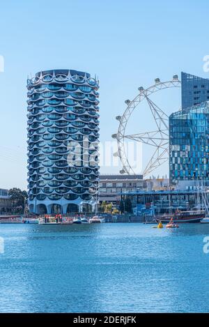 Highrise buildings at docklands neighborhood of Melbourne, Australia Stock Photo