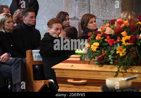 Daughter of late cyclist Raymond Poulidor, Corinne Poulidor (R) and his grandson Dutch cyclist Mathieu van der Poel (2L) attend the funerals of the French champion Raymond Poulidor in Saint-Leonard-de-Noblat on November 19, 2019. - French cyclist Raymond Poulidor died on November 13, 2019, at the age of 83. Photo by MEHDI FEDOUACH / Pool/ABACAPRESS.COM Stock Photo