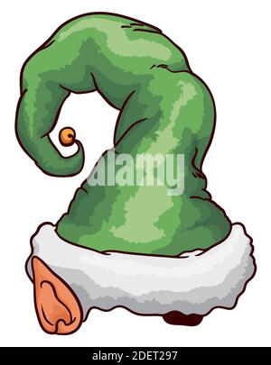 Long Santa's helper hat with green velvet decorated with elf ears and jingle bell. Stock Vector