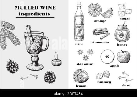 Mulled wine ingredients big set of ink black and white elements. Christmas and New year atmosphere.  Stock Vector