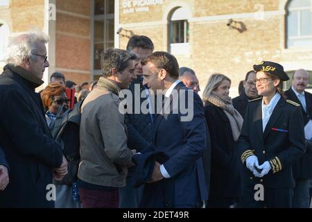 French President Emmanuel Macron and France's leftist party La France Insoumise (LFI) member of the Parliament, Francois Ruffin as he arrives for a visit at the Picardie University in the city of Amiens, his home region, on November 21, 2019. Photo by Isa Harsin/Pool/ABACAPRESS.COM Stock Photo