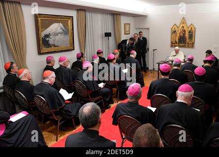 Pope Francis attends a meeting with Bishops at the Apostolic Nunciature in Tokyo on November 23, 2019 on the first day of a four day visit to Japan. Japan is the second stop on a seven day Apostolic Journey to Asia. Photo: ABACAPRESS.COM Stock Photo