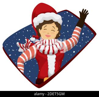 Festive Santa's female helper elf with red long hat with pompom, striped clothes and scarf over sign with snowfall. Stock Vector