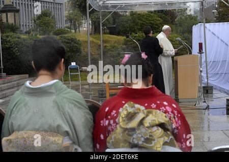 Pope Francis delivers a speech in front of the Twenty-Six Martyrs Monument in Nagasaki, Japan on November 24, 2019. The Twenty-Six Martyrs Monument was built on Nishizaka Hill in Nagasaki in June 1962 to commemorate the 100th anniversary of the canonization by the Roman Catholic Church of the Christians executed on the site on February 5, 1597. Photo: ABACAPRESS.COM Stock Photo