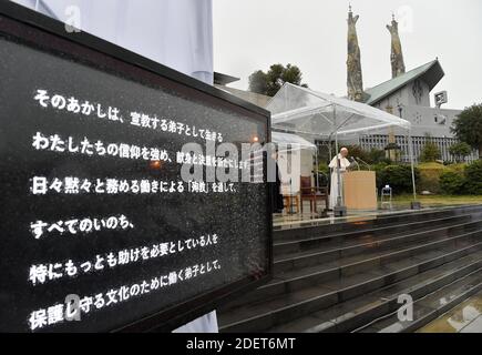 Pope Francis delivers a speech in front of the Twenty-Six Martyrs Monument in Nagasaki, Japan on November 24, 2019. The Twenty-Six Martyrs Monument was built on Nishizaka Hill in Nagasaki in June 1962 to commemorate the 100th anniversary of the canonization by the Roman Catholic Church of the Christians executed on the site on February 5, 1597. Photo: ABACAPRESS.COM Stock Photo