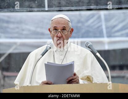 Pope Francis delivers a speech in front of the Twenty-Six Martyrs Monument in Nagasaki, Japan on November 24, 2019. The Twenty-Six Martyrs Monument was built on Nishizaka Hill in Nagasaki in June 1962 to commemorate the 100th anniversary of the canonization by the Roman Catholic Church of the Christians executed on the site on February 5, 1597. Photo: ABACAPRESS.COM Stock Photo