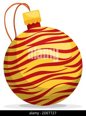 Christmas ball with golden and red stripes and rope to decorate the Xmas tree, isolated over white background. Stock Vector