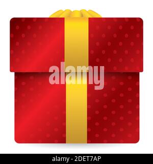 Red and dotted envelope in a gift box decorated with golden ribbon and bow, isolated over white background. Stock Vector
