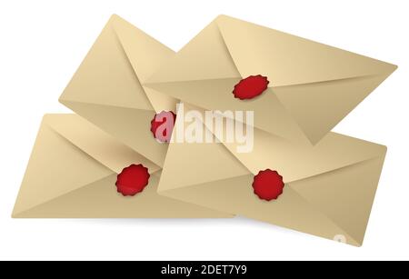 Aged paper envelopes, closed with red wax seal, isolated over white background. Stock Vector