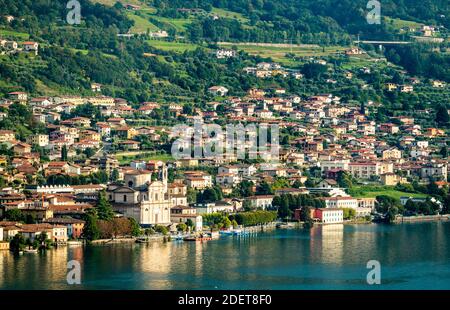View of Sale Marasino village on Lake Iseo in Italy Stock Photo