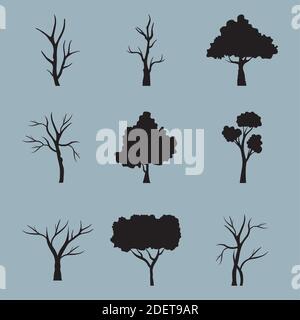 bundle of nine trees forest silhouette style icons in blue background Stock Vector